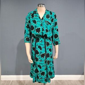 Vintage 80's BONNIE Women 2 piece Green Abstract Blouse Midi Flare Skirt Set S